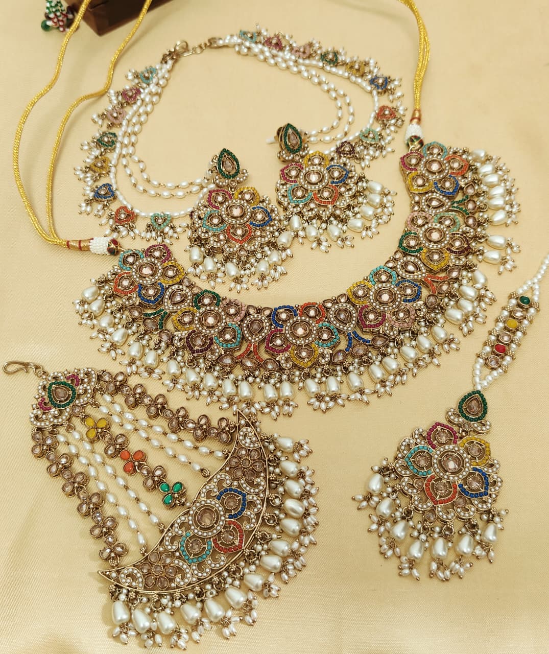 Beautiful Premium Quality Reverse Ad Stone Work Pakistani Necklace With Bahubali Earrings And Tika w